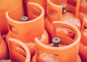 Cooking gas cylinders at a filling station in Nigeria