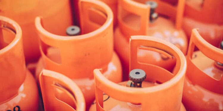 Cooking gas cylinders at a filling station in Nigeria