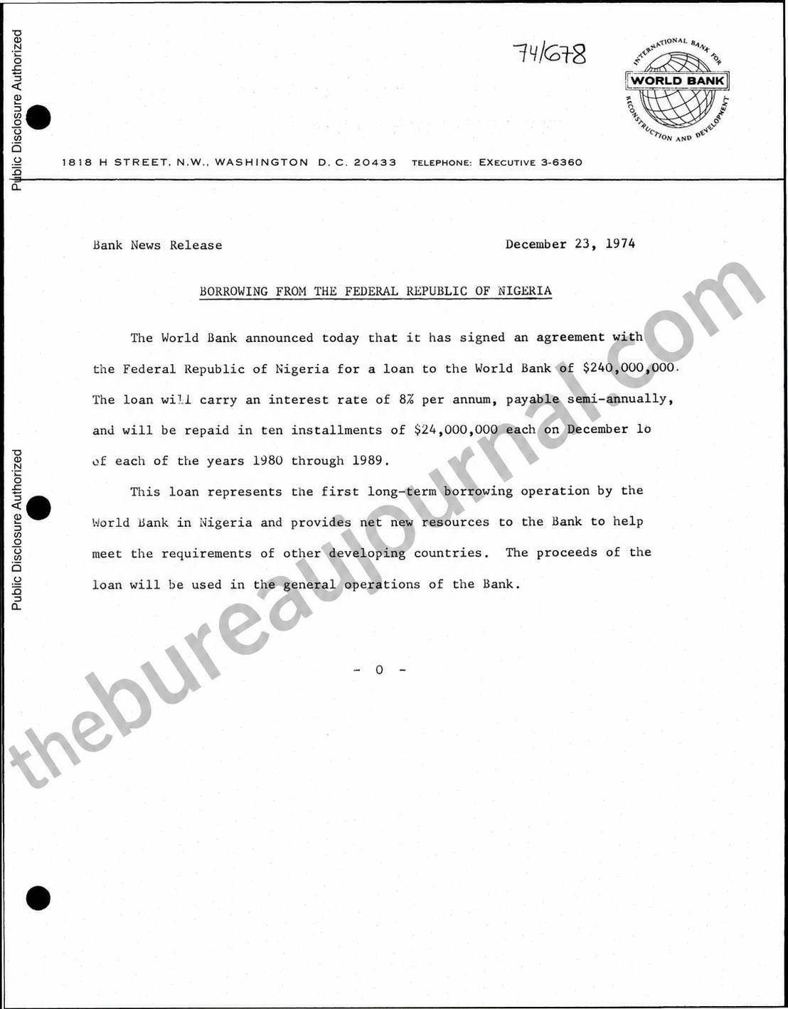 Official World Bank document showing Nigeria's $240 million loan to the World Bank in 1974