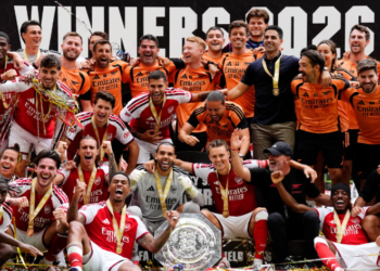 Arsenal players celebrate winning the 2026 Community Shield