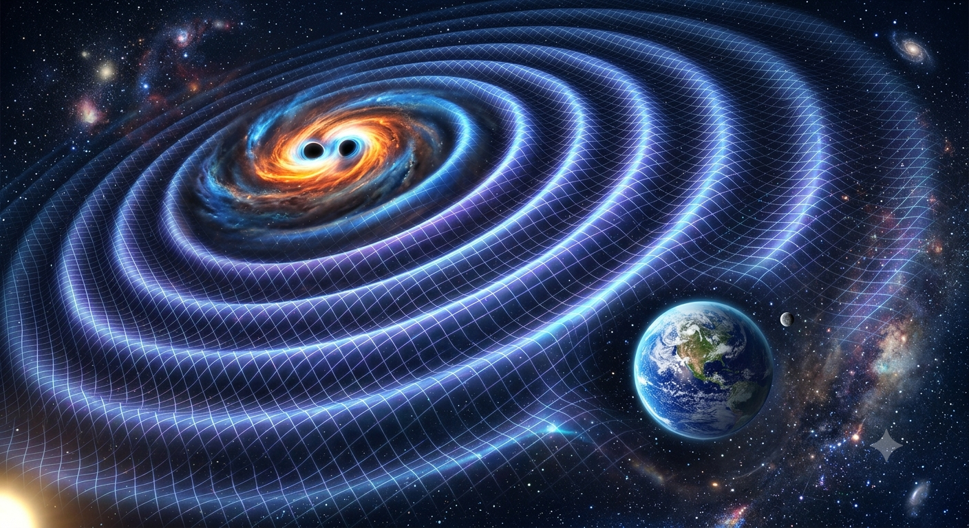 Illustration of gravitational waves travelling through space toward Earth