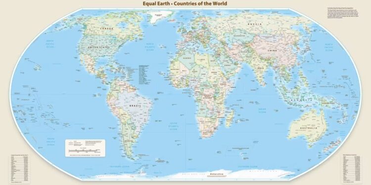 Equal Earth map showing Africa at its true relative size compared with Mercator projection